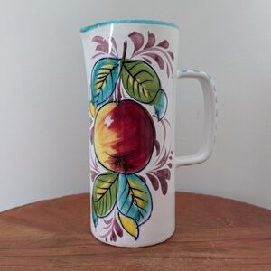 White Fruit Print Serving Pitcher W/Handle Made‎ In Italy 8.5" Tall 4" Dia